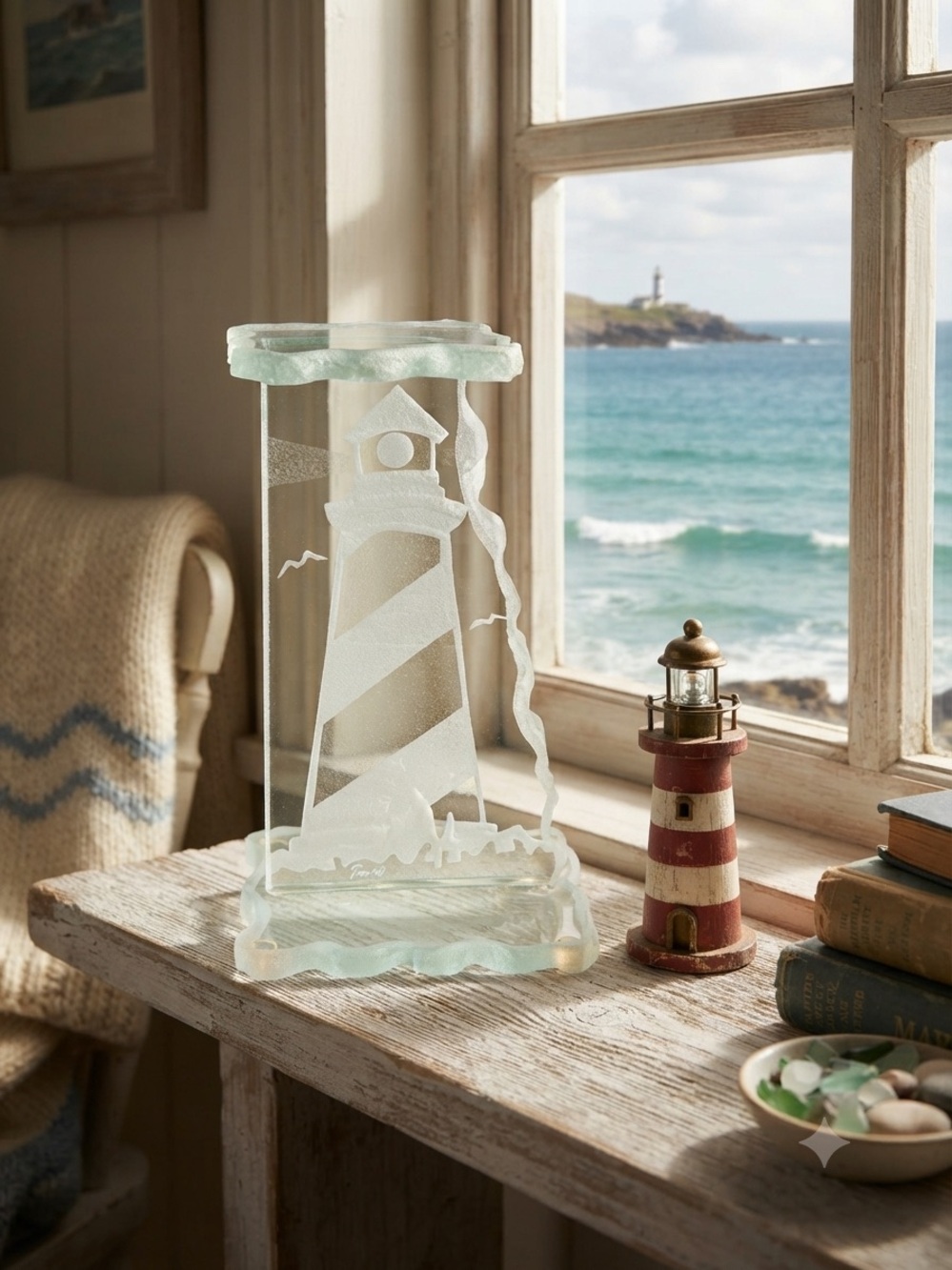 Vintage, hand-etched glass lighthouse art sculpture that doubles as a pedestal